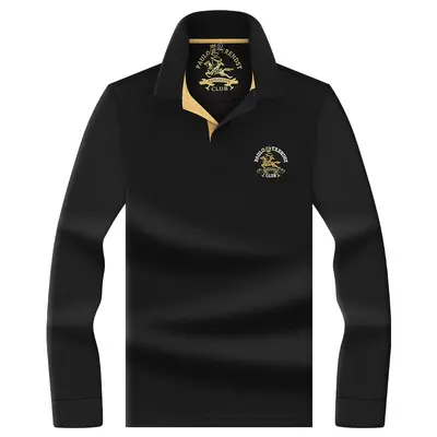 Men's 100% Mercerized Cotton Polo Shirt, Embroidered Small Horse Logo, Long-Sleeve - 7