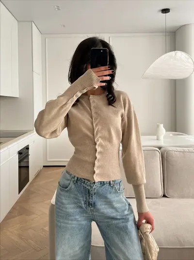 Damen-Rundhals-Strickcardigan, französischer Klassikstil, Freizeitpullover