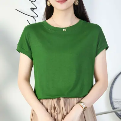 TikTok Fledermaus-Ärmel T-Shirt für Frauen, Rundhalsausschnitt, Sommer einfarbig, einfaches Farbblock-Design mit kurzen Ärmeln, Freizeit für Frauen, vielseitig, lockeres Kurzarm-T-Shirt. - 13