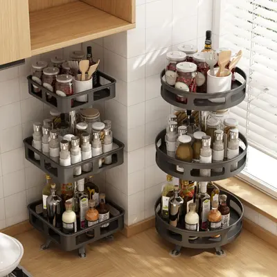 360-degree rotating kitchen cabinet organizer shelf, spice storage box, oil, salt, sauce, vinegar, condiment jar rack