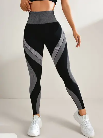 Nahtlose Yoga-Leggings mit hohem Bund, schwarz gestreift - 8
