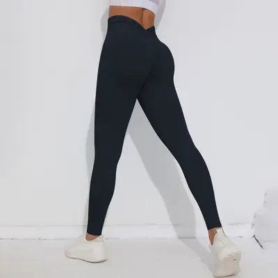 欧美纯色无缝蜜桃翘臀高腰紧身V腰瑜伽裤运动跑步健身九分裤 - 6