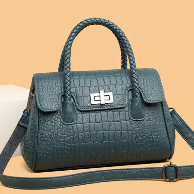 Women's Embossed Leather Shoulder Bag, Woven Cord Detail, Crossbody Strap - 3