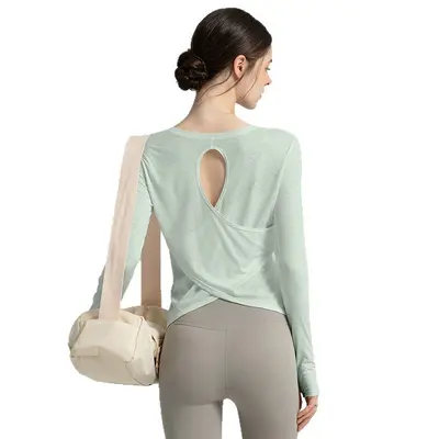 Women's Long Sleeve Thin Open-Back Yoga Top Pilates Tunic - 5