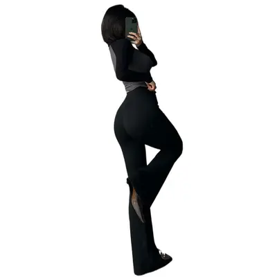 Kadın V-bel siyah yoga pantolonu, dar kesim, mikro kloş