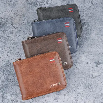 Erkek yatay kısa cüzdan, fermuarlı üç katlı, retro çıtçıtlı - 5