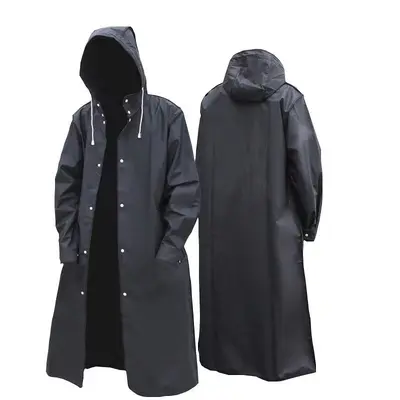 Black Adult EVA Raincoat, Hooded, Windproof, Long Style