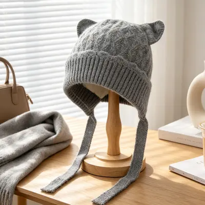 Korean-Style Cute Cat Ear Knit Hat, Soft Yarn - 8