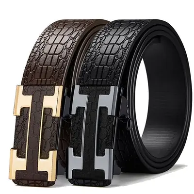 Crocodile Pattern Leather Belt Men's Waist Belt with Automatic Buckle Letter HB Fake Leather Belt Casual Versatile Trouser Belt - 2