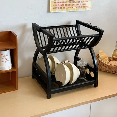 Double-layer kitchen storage rack with drain shelf for tableware - 9