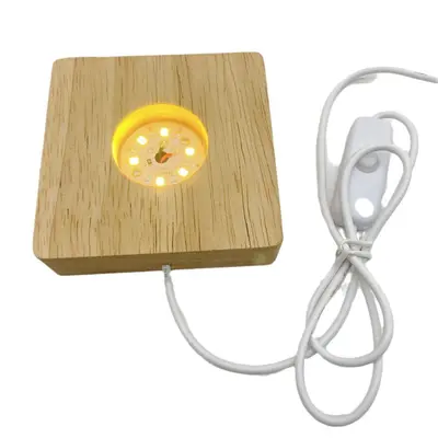 Kauçuk ahşap aydınlık kristal taban USB arayüzü 5V anahtarı aydınlık taban gece lambası masif ahşap yuvarlak lamba tutucu