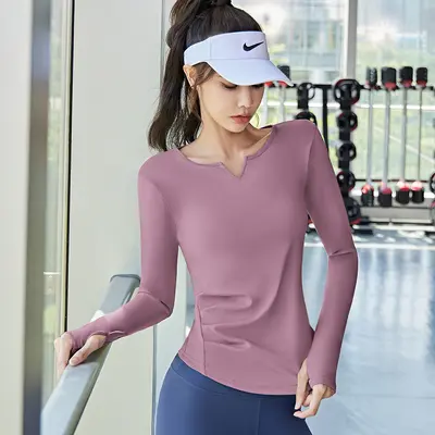 V-Neck Long Sleeve Yoga Top with Ruched Waist for Women - 3
