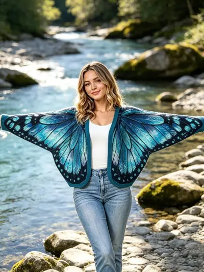 Damen-Strickjacke im Pulloverlook mit Schmetterlingsflügel-Print - 9