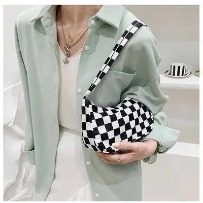 Small Leopard Print Underarm Bag, Black and White Plaid Handbag - 3