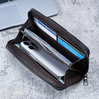 Men's Long Zipper Canvas Wallet, Large Capacity, Multi-Card Slots - 3