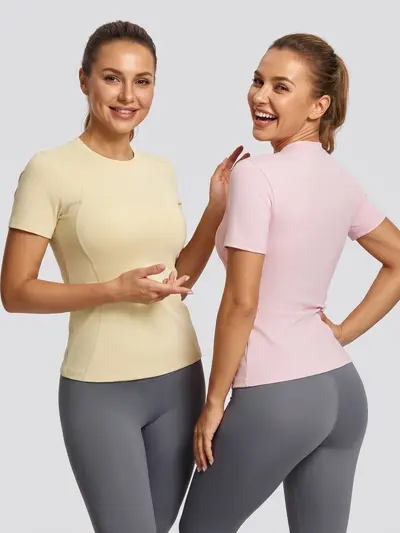 Juyitang Peach Basic Fitness Kurzarm Atmungsaktives Figurbetonte Sportoberteil Damen Lauf-Training Yoga T-Shirt