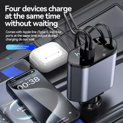 Araç Telefon Şarj Cihazı Teleskopik Kabel 120W Süper Hızlı Şarj Alüminyum Oto Şarjı Dört İn Bir Apple Serisi Destekli