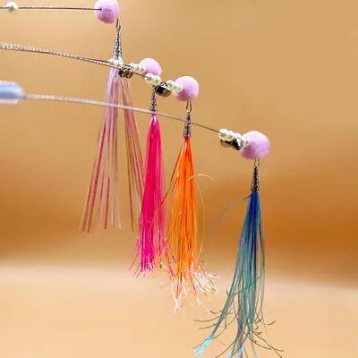 Colorful Rustling Paper Cat Teaser Wand with Feather, Bell and Plush Ball - 5