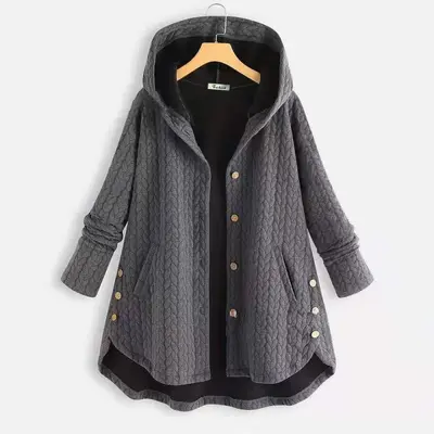 Women's Mid-Length Hooded Long-Sleeve Cardigan Jacket, Irregular Hem