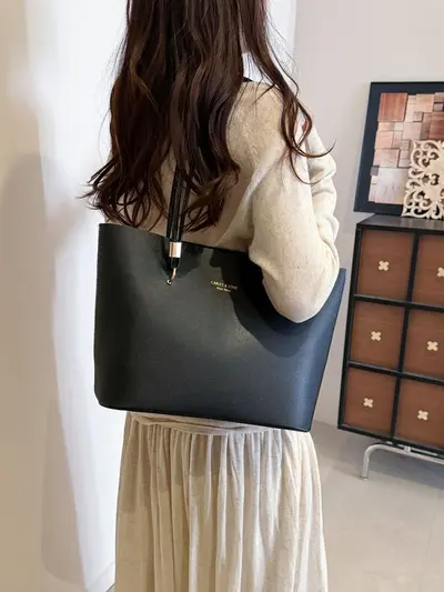 Large Solid Color Tote Bag with Single Shoulder Strap - 5