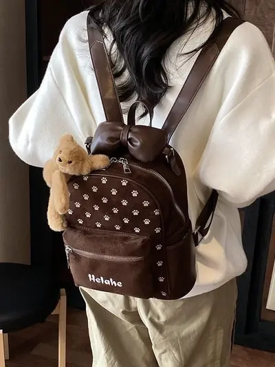Women's Backpack with Cartoon Puppy Paw Design and Bow, Large Capacity - 4