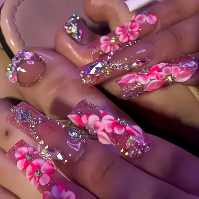Flower Flash Long Almond Press-On Nails, Wearable Manicure