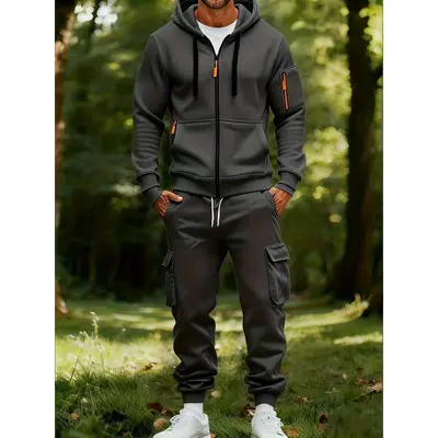 Cross-border New Style Workwear Hooded Sweatshirt Set for Men, Casual Versatile Sports Multi-Pocket Two-Piece Set with Drawstring Cuffs