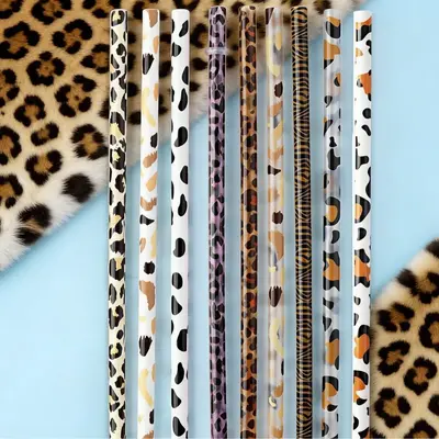 Leopar Desenli Renkli Baskılı Plastik Pipet Seti, PP Sert Boru