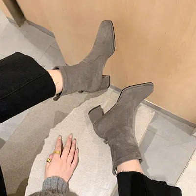 Women's Chunky Heel Stretch Suede-Look Short Boots, Slim Fit