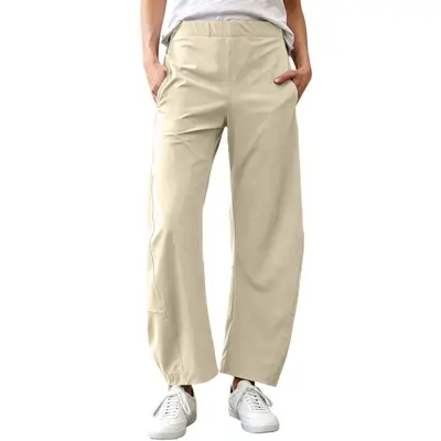 Women's Quick-Dry Cropped Wide-Leg Harem Pants Elastic Waist with Pockets