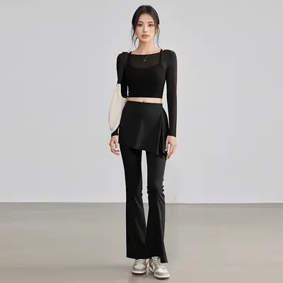 Women's Mesh Fake Two-Piece Yoga Set with Chest Pads, Long Sleeve - 9