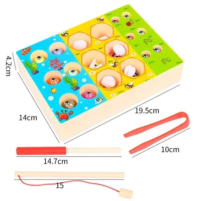 Magnetisches Holz-Angelspiel mit Bienen-Klemmen, Frühlernspielzeug - 6