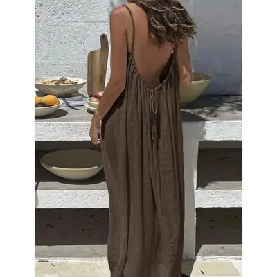 Women's Solid Color Backless Spaghetti Strap Home Dress