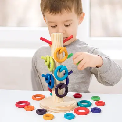 Wooden Rainbow Tree Ring Toss Toy, Early Education and Hand-Eye Coordination