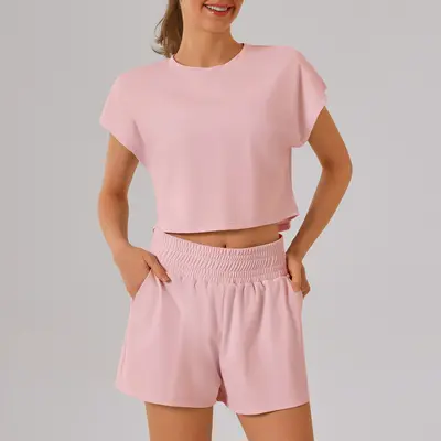 Solid Color Round-Neck Women's Yoga Fitness Set, Breathable, High Elastic - 9