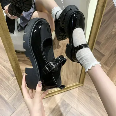 Women's 2022 Spring British College Style Glossy Leather Mary Jane Shoes, Thick Sole