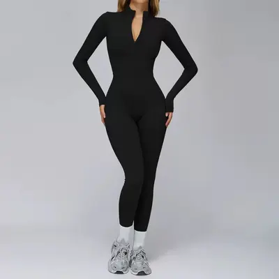 Kadın Polar Astarlı Fermuarlı Tulum Yoga Kıyafeti, Uzun Kollu Sıcak Tutan Spor Tulumu - 10