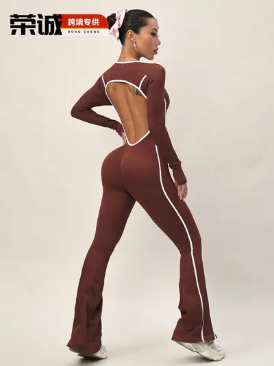 欧美跨境长袖瑜伽连体服女美背撞色运动喇叭裤速干健身长裤瑜伽服 - 5