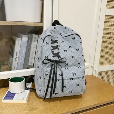 Corduroy Bow Backpack for Women and Students - 11