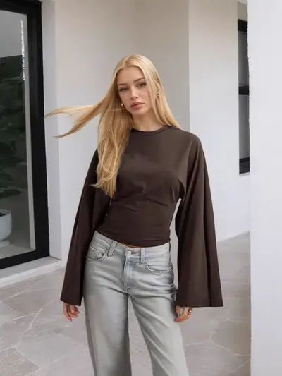 Women's Solid Color Round Neck Long Sleeve Top, Wide Sleeve, Waist-Cinching