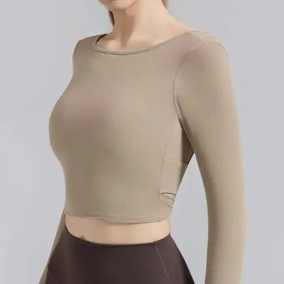 Women's Pilates Training Top, Long Sleeve with Chest Pad and Open Back - 10