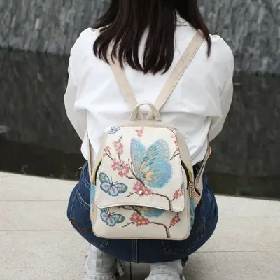 Women's Ethnic Embroidered Canvas Backpack with Gold Thread Embroidery - 3