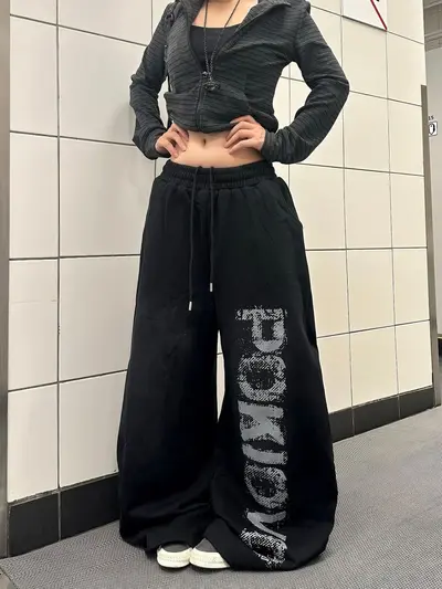 Women's Letter Print Washed Wide-Leg Sweatpants, Loose Fit