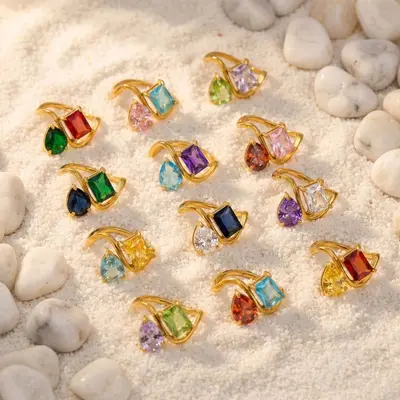 12 Birthstone Ring Replaceable Colored Gemstone Ring Luxury Titanium Steel Gold Plated Ring Women