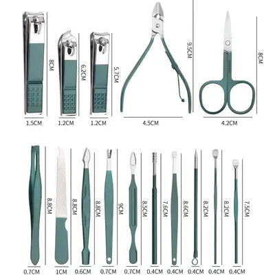 Nail scissors available in stock starting with single piece, green foldable package consisting of 16-piece nail scissors set, complete manicure set, manicure tool kit.