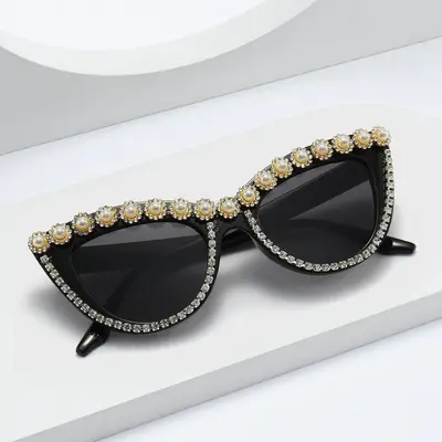 Katzenaugen-Sonnenbrille mit Strasssteinen, Blumenmuster, Flachglas - 1