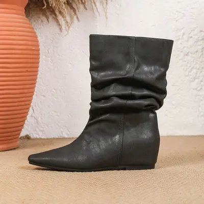 Vintage Pointed Toe Wedge Heel Short Boots, Inner Height Increase - 7