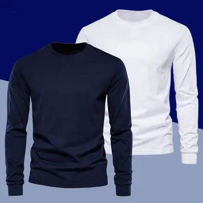 Men's White Long-Sleeve T-Shirt, Fleece-Lined, Pure Cotton