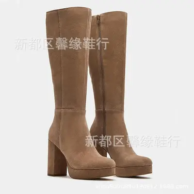 Women's Platform Knight Boots, Side Zipper, Chunky Heel, Mid-Calf Western Boots