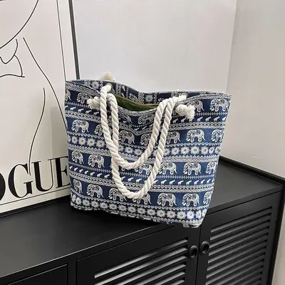 Yaratıcı baskılı büyük omuz çantası yeni rahat moda tuval kadın çantası Kore tarzı tek omuz çapraz kalın halat plaj çantası - 8